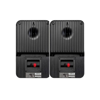 Par de colunas altifalantes pretas com conetores traseiros e etiquetas