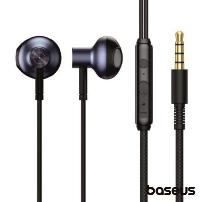 Auriculares intra-auriculares Baseus preto azulado com cabo tecido e controlo de volume