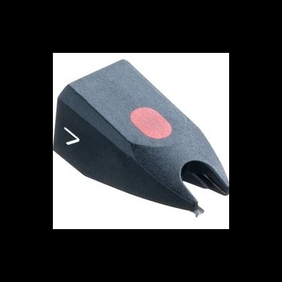 Agulha preta para gira-discos com marcação vermelha e símbolo branco.