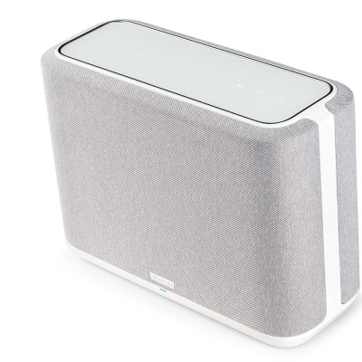 Coluna de som portátil branca com tecido cinzento claro