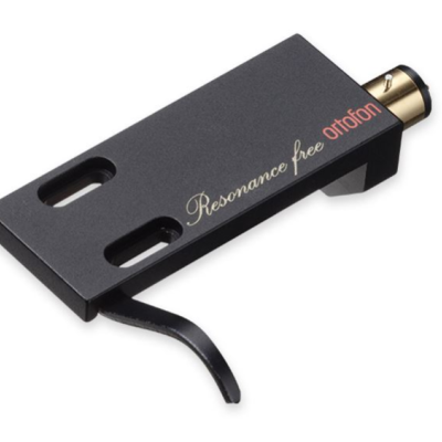 Cabeça de leitor de vinil Ortofon preta com texto 'Resonance free ortofon' em dourado e vermelho