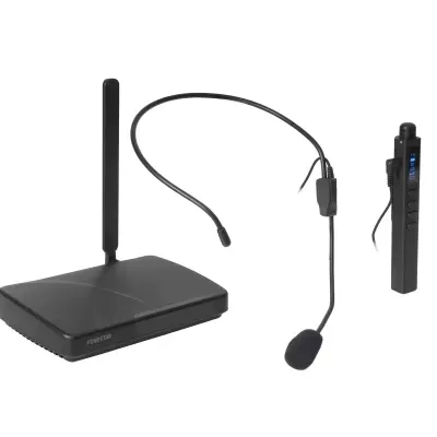 Sistema de microfone sem fios preto com transmissor, receptor e microfone de cabeça