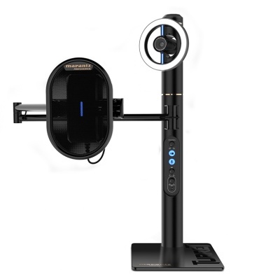 Dispositivo de medição digital preto com painel circular e base retangular