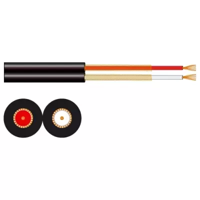 Cabo elétrico preto com dois fios internos, vermelho e branco, com cobre exposto