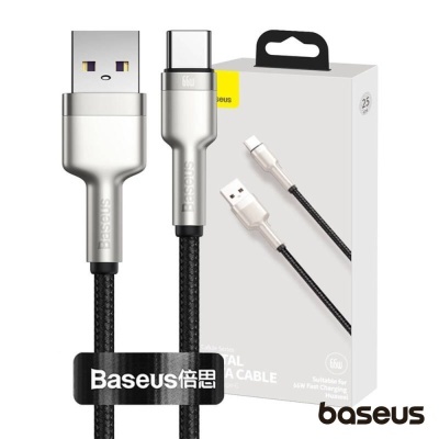 Cabo Baseus USB-A para USB-C preto com revestimento em tecido e embalagem branca