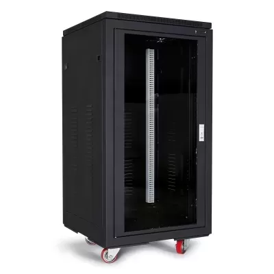 Armário para rack de servidor preto com porta de vidro e rodízios