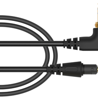 Cabo áudio preto com conectores jack 3,5 mm direito e em ângulo