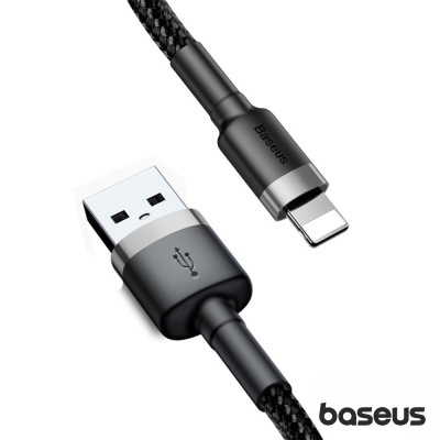 Cabo USB com conector Lightning preto com revestimento trançado e texto Baseus
