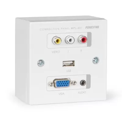 Painel de conexão com portas vídeo composto, áudio, USB e VGA em fundo branco