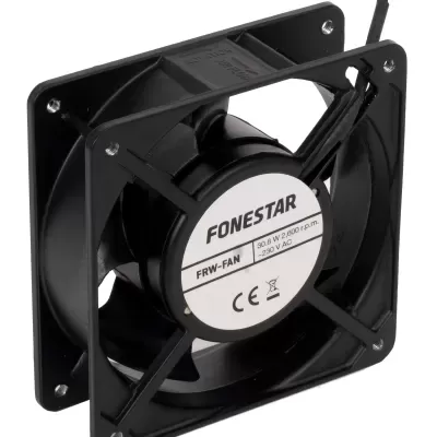 Ventoinha de ar preta com etiqueta branca central e texto FONESTAR