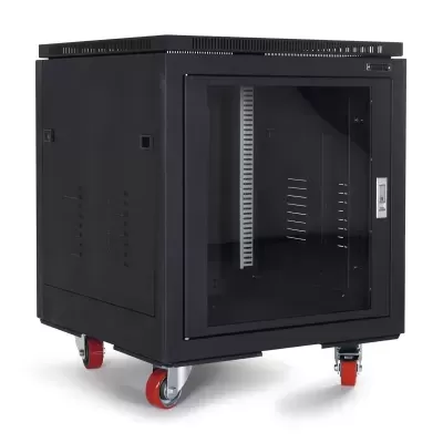 Armário metálico preto com porta de vidro e rodízios vermelhos