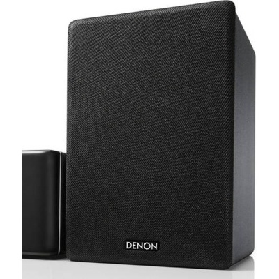 Coluna negra Da marca DENON com textura frontal
