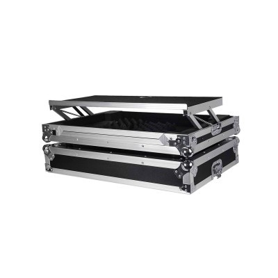 Mala de transporte profissional preta com moldura metálica prateada e interior de espuma.