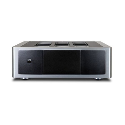 Amplificador de áudio NAS com corpo prateado e painel frontal preto