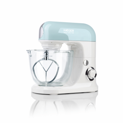 Batedeira HÆGER Glass Cake 700 branca e azul claro com taça de vidro