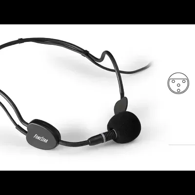 Microfone de cabeça preto com espuma protectora e cabo com ficha XLR