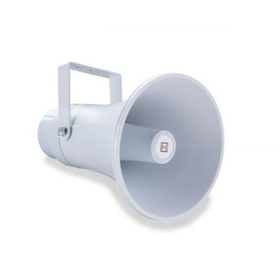 Megafone branco com suporte metálico retangular