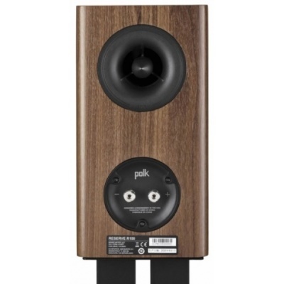 Coluna de som Polk Reserve R100 em madeira castanha com dois orifícios frontais e etiquetas na base