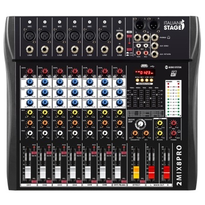 Mesa de mistura áudio preto ITALIAN STAGE 2MIX8PRO com entradas múltiplas e controlos coloridos