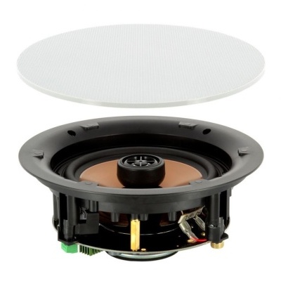 Altifalante de teto com cone castanho e grelha branca destacada