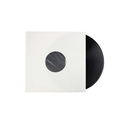 Disco de vinil preto com capa branca e orifício circular no centro