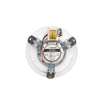 Coluna de teto branca Artsound CDT360 vista por trás com suporte metálico e transformador