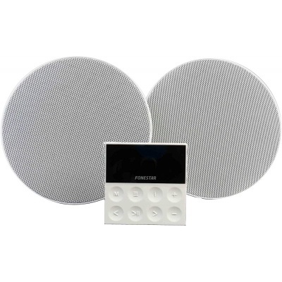 Rádio com altifalantes redondos e painel de controlo branco e preto da Fonestar