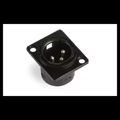 Conector XLR preto de 3 pinos com base retangular e furos para parafusos