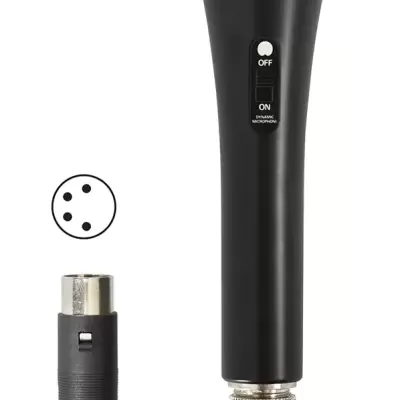 Microfone dinâmico preto com cabo e conector XLR