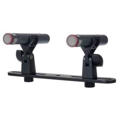 Suporte preto com dois microfones pretos com detalhe vermelho