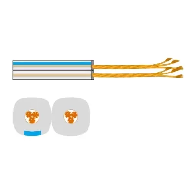 Cabo elétrico com fios de cobre e capa cinza com marcas azuis e brancas