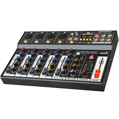 Mesa de mistura de áudio preto com botões coloridos e ecrã LED.