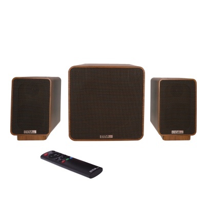 Conjunto de colunas de som em madeira com comando remoto preto