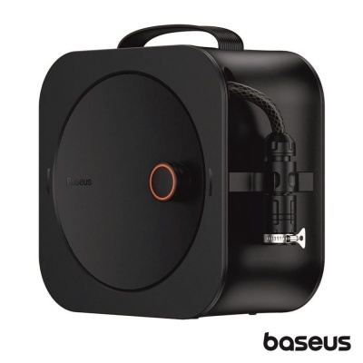 Carretel portátil preto com cabo enrolado e botão laranja, marca Baseus