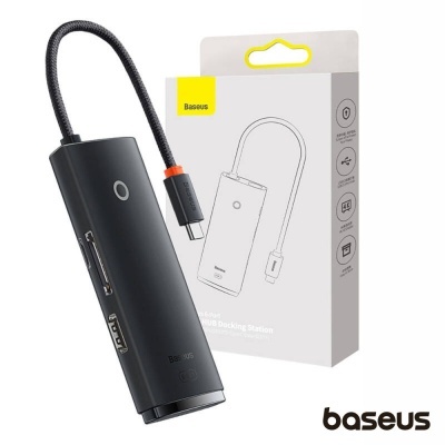 Estação de ancoragem Baseus preta com várias portas e cabo USB-C
