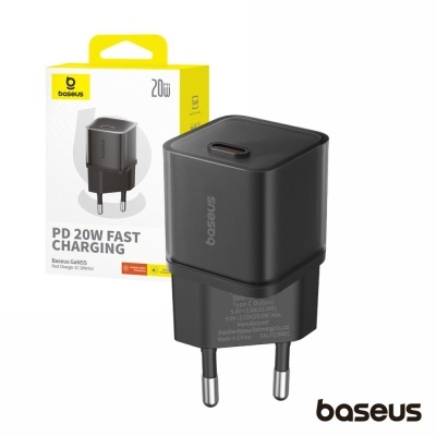 Carregador rápido Baseus PD 20W preto com embalagem amarela e branca