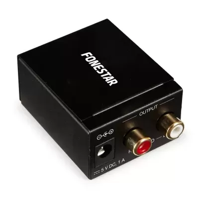 Caixa preta compacta FONESTAR com entradas RCA de saída e texto de especificações