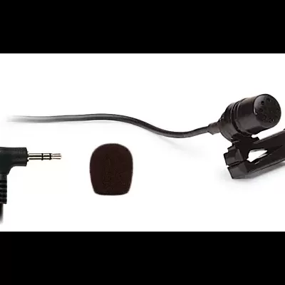 Microfone de lapela preto com conetor jack e espuma protetora