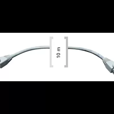 Cabo de rede Ethernet cinzento com conectores RJ45 transparentes e indicação de 10 m