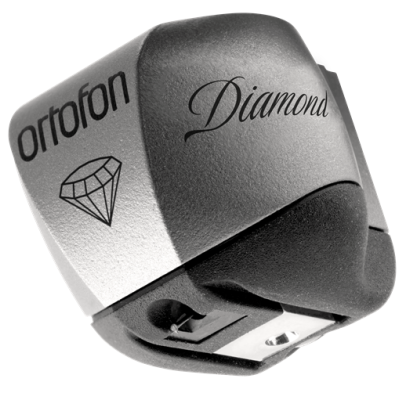 Cartucho de gira-discos Ortofon Diamond prateado e preto com texto e símbolo