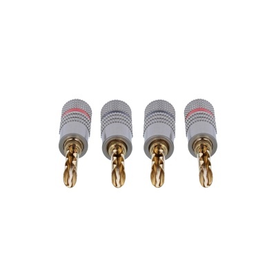 Quatro conectores de altifalante dourados com corpo prateado e anéis coloridos