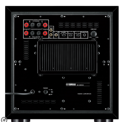 Parte traseira do subwoofer Yamaha NS-SW300 preto com conectores e botões