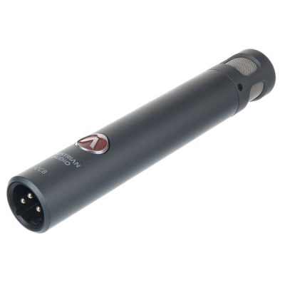 Microfone cinza escuro cilíndrico com grelha metálica prateada e conector XLR