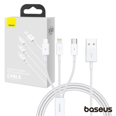 Cabo de carregamento Baseus com conectores Lightning, USB-C e Micro USB em branco