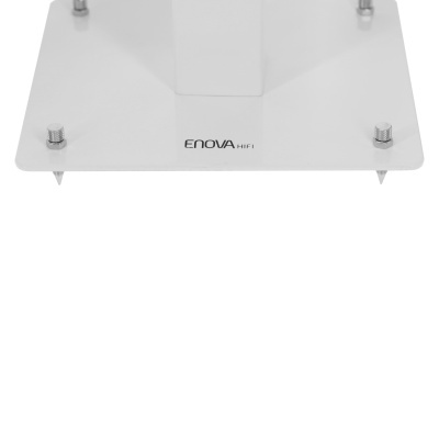 Suporte metálico branco com parafusos e inscrição ENOVA HIFI