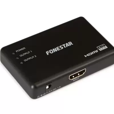 Dispositivo eletrónico preto FONESTAR com entrada HDMI e saídas OUTPUT 1 e OUTPUT 2