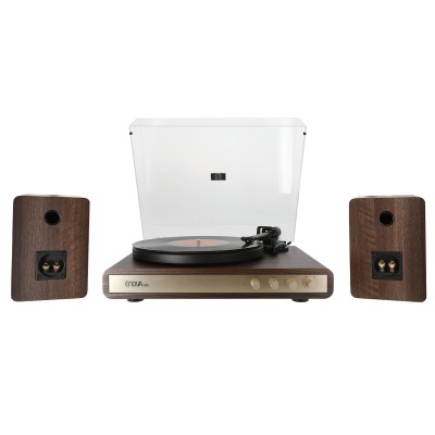 Toca-discos em madeira castanha com tampa translúcida e dois altifalantes em madeira