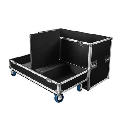 Mala de transporte profissional preta com rodas azuis aberta em duas secções