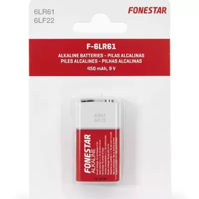 Bateria alcalina FONESTAR F-6LR61 9 V em embalagem branca com detalhes vermelhos