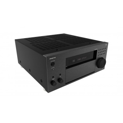 Amplificador de som preto ONKYO com visor digital e botões frontais